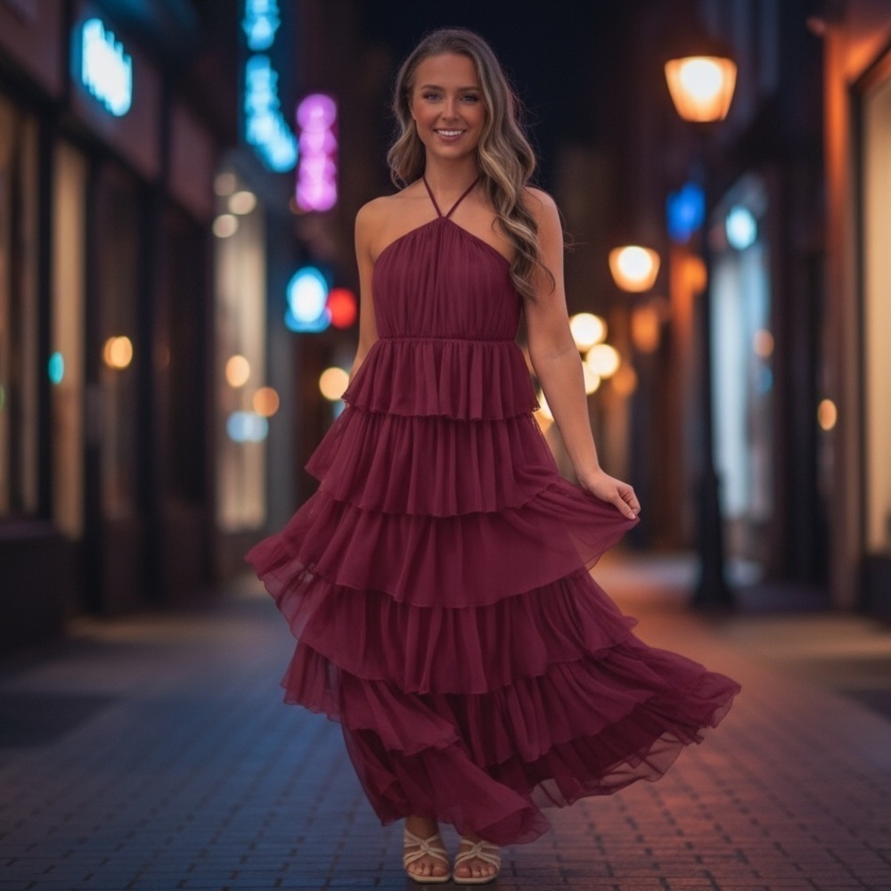Altard State Berry Pia Tiered Maxi Dress in Excellent Pre Loved Condition